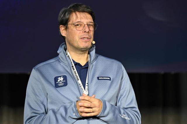 Ceo and President of Salomon, Guillaume Meyzenq speaks during a press presentation of the official Milano Cortina 2026 volunteer uniforms, in Milan on November 12, 2025. (Photo by PIERO CRUCIATTI / AFP)