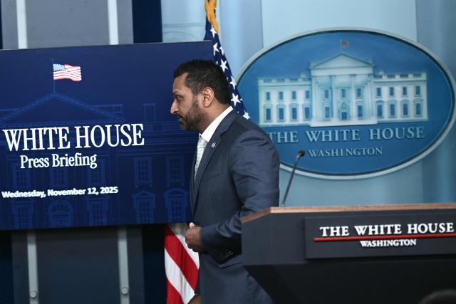 FBI Director Kash Patel departs after speaking during the press briefing in the Brady Briefing Room of the White House in Washington, DC, on November 12, 2025. (Photo by Brendan SMIALOWSKI / AFP)