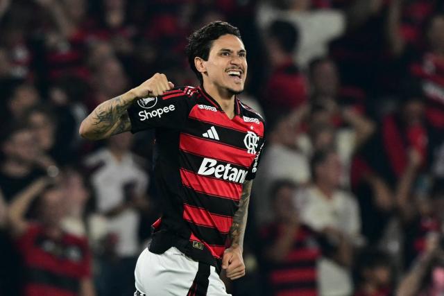 (FILES) Flamengo's forward #09 Pedro celebrates scoring his team's first goal during the Copa Libertadores quarterfinal first leg football match between Brazil's Flamengo and Argentina's Estudiantes de La Plata at the Maracana Stadium in Rio de Janeiro, Brazil on September 18, 2025. Pedro returned to training with Flamengo on November 12, 2025, a step forward in his recovery from a fracture in his right forearm ahead of the Copa Libertadores final against Palmeiras, the Rio de Janeiro club reported. (Photo by Pablo PORCIUNCULA / AFP)