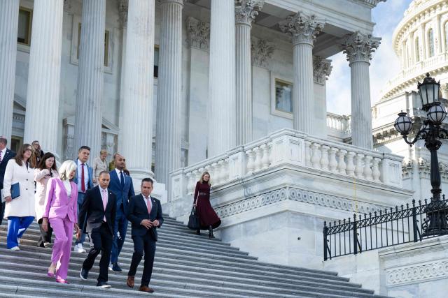 US Minority Leader Hakeem Jeffries, Democrat of New York, arrives for a press conference with Democratic members of the House of Representatives to speak about health care and the planned vote to end the government shutdown outside the US Capitol in Washington, DC, November 12, 2025. President Donald Trump hopes to sign a bill ending the longest government shutdown in US history later Wednesday, after its expected passage by the Republican-led Congress, the White House said. (Photo by SAUL LOEB / AFP)