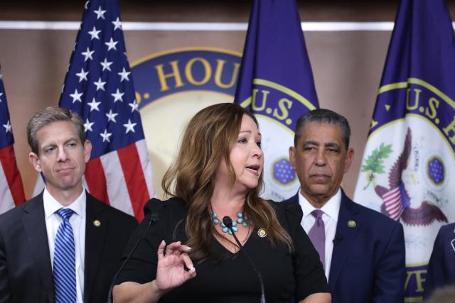 US Representative Adelita Grijalva, Democrat of Arizona, speaks at a press conference at the US Capitol in Washington, DC, on November 12, 2025. After weeks of delay, congresswoman Adelita Grijalva, who won a special election to fill the seat vacated after her father Raul Grijalva died, was sworn in to the House of Representatives, where she is expected to force a vote on the release of convicted sex offender Jeffrey Epstein's files. (Photo by Alex WROBLEWSKI / AFP)