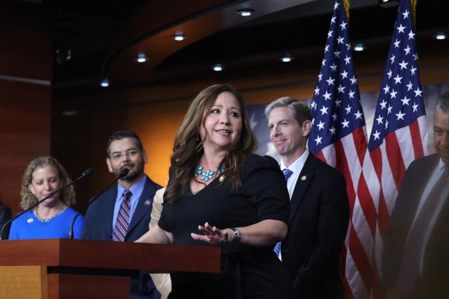 US Representative Adelita Grijalva, Democrat of Arizona, speaks at a press conference at the US Capitol in Washington, DC, on November 12, 2025. After weeks of delay, congresswoman Adelita Grijalva, who won a special election to fill the seat vacated after her father Raul Grijalva died, was sworn in to the House of Representatives, where she is expected to force a vote on the release of convicted sex offender Jeffrey Epstein's files. (Photo by Alex WROBLEWSKI / AFP)