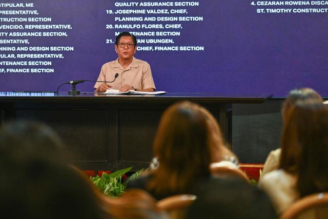 Philippines' President Ferdinand Marcos Jr speaks during a press conference at Malacanang Palace in Manila on November 13, 2025. President Ferdinand Marcos on November 13 vowed that those implicated in the Philippine’s spiraling flood control scandal would be arrested before Christmas, days after deadly back-to-back typhoons left swathes of the country underwater. Rage over so-called ghost infrastructure projects has been mounting since Marcos put the issue centre stage in his state of the nation address in July. (Photo by Jam STA ROSA / AFP)