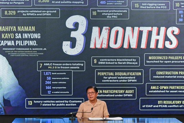 Philippines' President Ferdinand Marcos Jr speaks during a press conference at Malacanang Palace in Manila on November 13, 2025. President Ferdinand Marcos on November 13 vowed that those implicated in the Philippine’s spiraling flood control scandal would be arrested before Christmas, days after deadly back-to-back typhoons left swathes of the country underwater. Rage over so-called ghost infrastructure projects has been mounting since Marcos put the issue centre stage in his state of the nation address in July. (Photo by Jam STA ROSA / AFP)