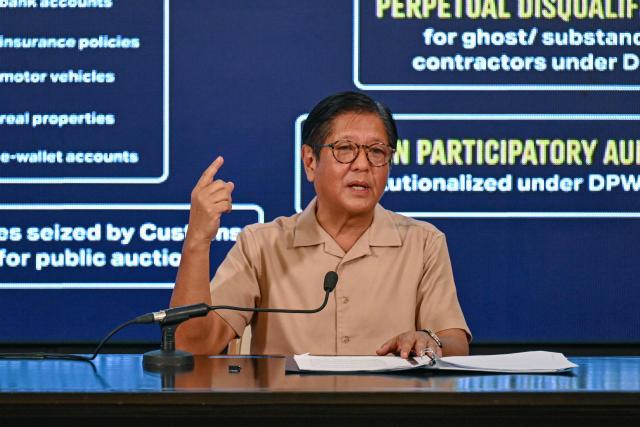 Philippines' President Ferdinand Marcos Jr speaks during a press conference at Malacanang Palace in Manila on November 13, 2025. President Ferdinand Marcos on November 13 vowed that those implicated in the Philippine’s spiraling flood control scandal would be arrested before Christmas, days after deadly back-to-back typhoons left swathes of the country underwater. Rage over so-called ghost infrastructure projects has been mounting since Marcos put the issue centre stage in his state of the nation address in July. (Photo by Jam STA ROSA / AFP)