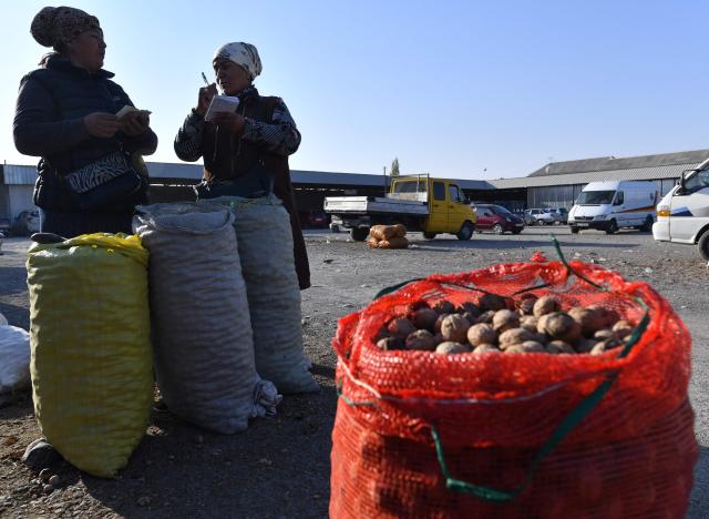 People buy and sell walnuts at a bazaar in the village of Bazar-Korgon in Kyrgyzstan's Jalal-Abad region, some 700kms from the capital Bishkek, on October 23, 2025. Rustling through fallen golden leaves, locals in a forest outside Arslanbap in the Kyrgyz mountains were scurrying for walnuts -- an ancient pastime and economic lifeline for many in the region. But the forest, the world's largest wile walnut grove, has for years been slowly fading -- hit by the overgrazing of livestock, illegal logging and rising temperatures. (Photo by VYACHESLAV OSELEDKO / AFP)