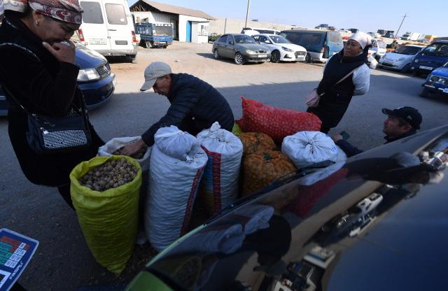 People buy and sell walnuts at a bazaar in the village of Bazar-Korgon in Kyrgyzstan's Jalal-Abad region, some 700kms from the capital Bishkek, on October 23, 2025. Rustling through fallen golden leaves, locals in a forest outside Arslanbap in the Kyrgyz mountains were scurrying for walnuts -- an ancient pastime and economic lifeline for many in the region. But the forest, the world's largest wile walnut grove, has for years been slowly fading -- hit by the overgrazing of livestock, illegal logging and rising temperatures. (Photo by VYACHESLAV OSELEDKO / AFP)