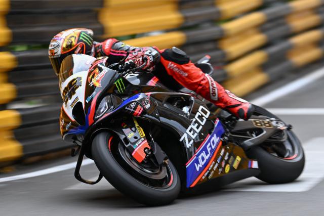 Zeeco BMW Motorrad's British rider Peter Hickman rides during the MotoGP first practice session of the 57th Macau Motorcycle Grand Prix at the Guia Circuit in Macau on November 13, 2025. (Photo by Peter PARKS / AFP)