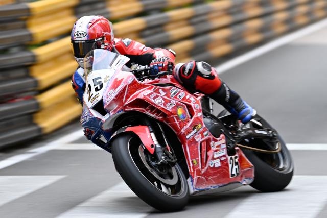 Team Abef Bro's French rider Amalric Blanc rides during the 57th Macau Motorcycle Grand Prix at the 72nd Macau Grand Prix in Macau on November 13, 2025. (Photo by Peter PARKS / AFP)