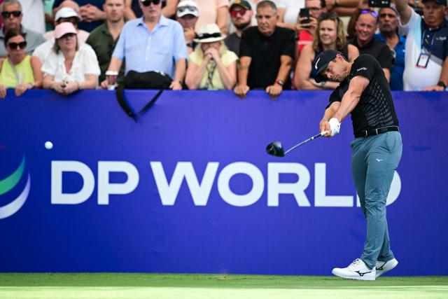 France's Adrien Saddier tees off at the first hole on day one of the DP World Tour Championship 2025 golf tournament at Jumeirah Golf Estates in Dubai on November 13, 2025. (Photo by Giuseppe CACACE / AFP)