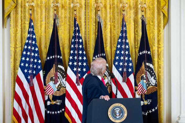 US President Donald Trump looks at the wall where the entrance to the new White House ballroom will be as he speaks prior to signing an executive order on foster children and families in the East Room of the White House in Washington, DC, November 13, 2025. The executive order will be focused on supporting foster youth transitioning out of the system to adulthood by expanding and enhancing access to education, workforce and career development, digital resources, and other supports. (Photo by SAUL LOEB / AFP)