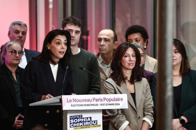 La France Insoumise - Nouveau Front Populaire's MP Sophia Chikirou (3L) speaks during the launch of her political campagne for the municipal elections in Paris on November 14, 2025. (Photo by Thibaud MORITZ / AFP)