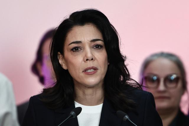 La France Insoumise - Nouveau Front Populaire's MP Sophia Chikirou speaks during the launch of her political campagne for the municipal elections in Paris on November 14, 2025. (Photo by Thibaud MORITZ / AFP)