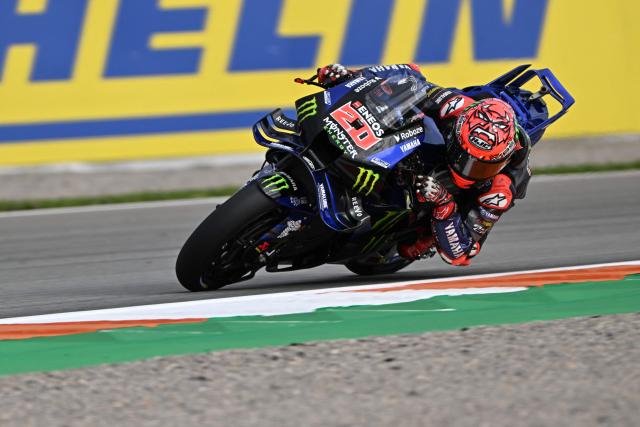 Monster Energy Yamaha MotoGP team's French MotoGP rider Fabio Quartararo takes part in a practice session ahead of the MotoGP Valencia Grand Prix at the Ricardo Tormo racetrack in Cheste on November 14, 2025, (Photo by JAVIER SORIANO / AFP)