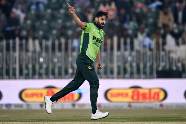 Pakistan's Haris Rauf celebrates after taking the wicket of Sri Lanka's Sadeera Samarawickrama during the second one-day international (ODI) cricket match between Pakistan and Sri Lanka at the Rawalpindi Cricket Stadium in Rawalpindi on November 14, 2025. (Photo by Farooq NAEEM / AFP)