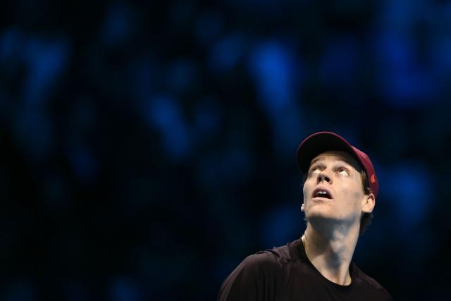 Italy's Jannik Sinner looks on during his match against USA's Ben Shelton at the ATP Finals tennis tournament in Turin on November 14, 2025. (Photo by Marco BERTORELLO / AFP)