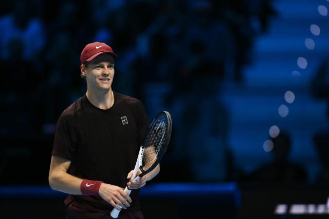 Italy's Jannik Sinner looks on during his match against USA's Ben Shelton at the ATP Finals tennis tournament in Turin on November 14, 2025. (Photo by Marco BERTORELLO / AFP)