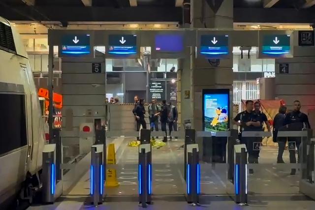 This screengrab froma an AFP video shows police officers patroling near platform fourth and five at Montparnasse train station in Paris, on November 14, 2025, after a police man shot on a man armed with a knive announced the Paris prosecutor's office. The Paris prosecutor's office was "informed of at least one gunshot fired at Montparnasse station" on November 14, 2025. According to initial findings, "a man known for domestic violence had brandished a knife, and a police officer used his weapon to stop him," added the prosecutor's office. (Photo by Thibaud MORITZ / AFP)