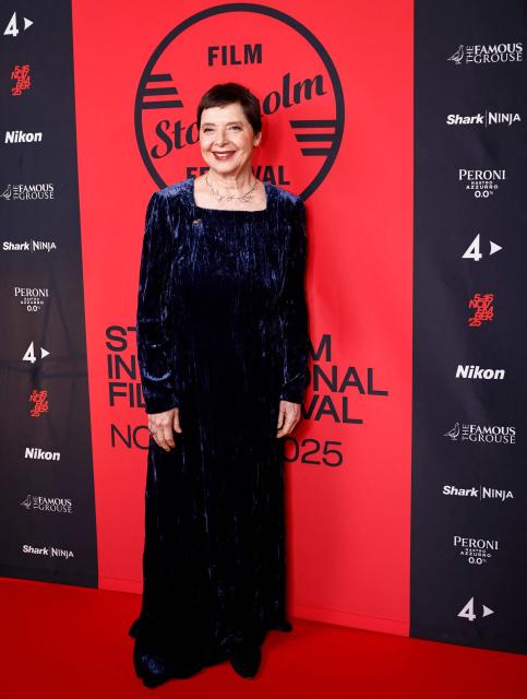 Italian-American actress Isabella Rossellini, guest of honour, poses on the red carpet for the screening of the film 'Blue Velvet' (1986) during the Stockholm Film Festival at the Bio Skandia cinema in Stockholm on November 14, 2025. (Photo by Caisa RASMUSSEN / TT News Agency / AFP) / Sweden OUT