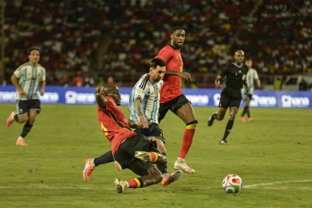 Argentina's forward #10 Lionel Messi (C) vies for the ball against Angola's #9 Sacalumbo Francisco (L) and Angola's #6 Gaspar Kialonda during the frindly match between Angola and Argentina in Luanda on November 14, 2025. Football icon Lionel Messi created the first goal and scored the second as world champions Argentina beat Angola 2-0 in an international friendly in Luanda on Friday.
Miami-based Messi set up Lautaro Martinez to put the Albiceleste ahead on 44 minutes. The roles were reversed after 82 minutes with Martinez the creator and Messi the scorer.
Martinez beat 39-year-old goalkeeper Hugo Marques at his near post and Messi struck with a shot into the far corner of the net. Both scorers were substituted late in the second half.
It was a predictable outcome as Argentina are second in the world rankings, behind Spain and 87 places above Angola. (Photo by Julio PACHECO NTELA / AFP)