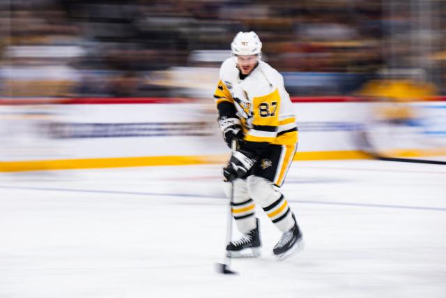 Pittsburgh Penguins' forward #87 Sidney Crosby warms up prior to the the NHL Global Series Sweden ice hockey match between Pittsburgh Penguins and Nashville Predators at Avicii Arena in Stockholm, Sweden, on November 14, 2024. (Photo by Jonathan NACKSTRAND / AFP)