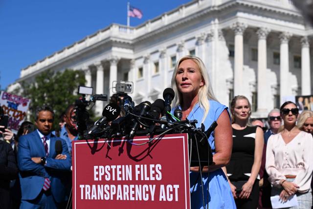 (FILES) US Representative Marjorie Taylor Greene (R-GA) speaks during a press conference and rally  in support of the victims of sex offender Jeffrey Jeffrey Epstein and his accomplice Ghislaine Maxwell outside the U.S. Capitol in Washington, DC on September 3, 2025. US President Donald Trump said on November 14, 2025 that he was pulling his endorsement for key ally Marjorie Taylor Greene after a string of disagreements, calling the hard-right lawmaker a "ranting lunatic." "I am withdrawing my support and Endorsement of 'Congresswoman' Marjorie Taylor Greene," Trump said on Truth Social. "All I see “Wacky” Marjorie do is COMPLAIN, COMPLAIN, COMPLAIN!" (Photo by ROBERTO SCHMIDT / AFP)