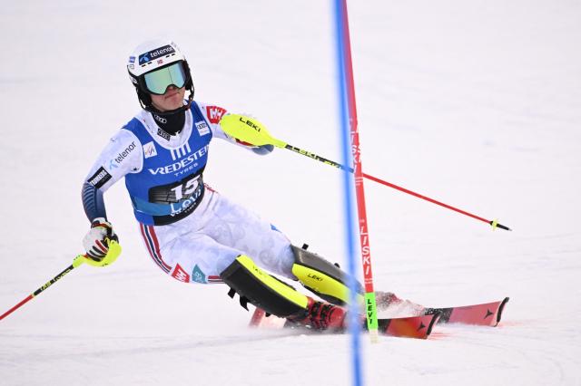 Norway's Mina Fuerst Holtmann competes during the first run of the women's slalom of FIS Alpine Skiing World Cup at the Levi Ski Centre in Kittila, on November 15, 2025. (Photo by Roni Rekomaa / Lehtikuva / AFP) / Finland OUT