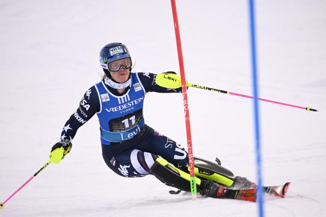 US' Paula Moltzan competes during the first run of the women's slalom of FIS Alpine Skiing World Cup at the Levi Ski Centre in Kittila, on November 15, 2025. (Photo by Roni Rekomaa / Lehtikuva / AFP) / Finland OUT