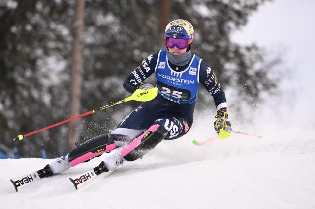 USA's A J Hurt competes during the first run of the women's slalom of FIS Alpine Skiing World Cup at the Levi Ski Centre in Kittila, on November 15, 2025. (Photo by Roni Rekomaa / Lehtikuva / AFP) / Finland OUT