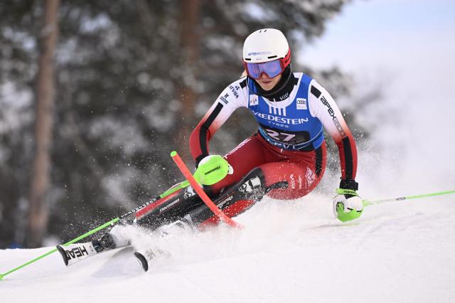 Latvia's Dzenifera Germane competes during the first run of the women's slalom of FIS Alpine Skiing World Cup at the Levi Ski Centre in Kittila, on November 15, 2025. (Photo by Roni Rekomaa / Lehtikuva / AFP) / Finland OUT