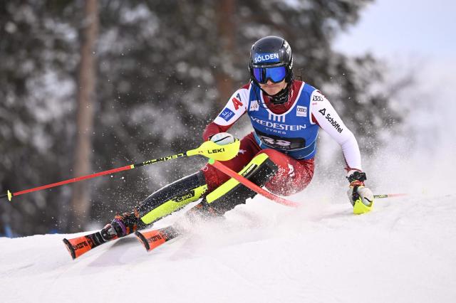 Austria's Franziska Gritsch competes during the first run of the women's slalom of FIS Alpine Skiing World Cup at the Levi Ski Centre in Kittila, on November 15, 2025. (Photo by Roni Rekomaa / Lehtikuva / AFP) / Finland OUT