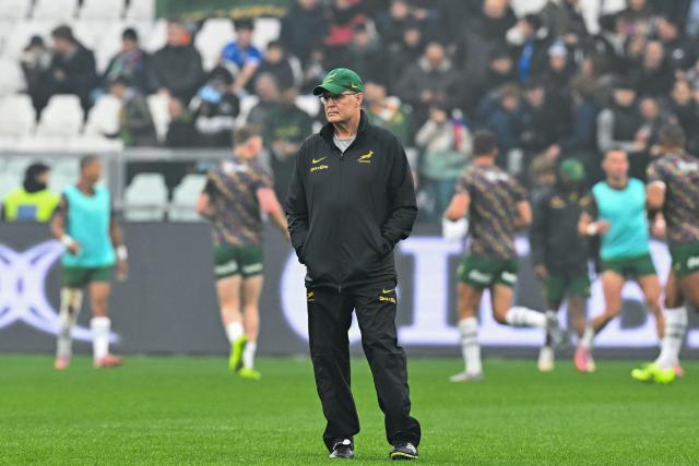 South Africa's head coach Rassie Erasmus looks on ahead of the Autumn Nations Series international rugby union test match between Italy and South Africa, at the Allianz Stadium in Turin, on November 15, 2025. (Photo by Stefano RELLANDINI / AFP)