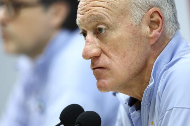 France's head coach Didier Deschamps attends a press conference at the Tofiq Bahramov Republican Stadium, in Baku, on November 15, 2025 on the eve of the FIFA World Cup 2026 Group D European qualification football match against Azerbaijan. (Photo by FRANCK FIFE / AFP)