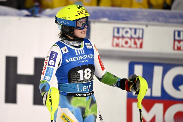 Neja Dvornik of Slovenia reacts after the second run of the women's slalom event of the FIS Alpine Skiing World Cup at the Levi Ski Centre in Kittila, on November 15, 2025. (Photo by Roni Rekomaa / Lehtikuva / AFP) / Finland OUT