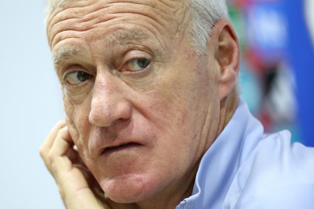 France's head coach Didier Deschamps looks on during a press conference at the Tofiq Bahramov Republican Stadium, in Baku, on November 15, 2025 on the eve of the FIFA World Cup 2026 Group D European qualification football match against Azerbaijan. (Photo by FRANCK FIFE / AFP)