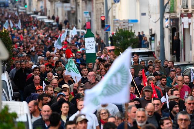 Winegrowers take part in a "last chance" demonstration, reeling from a combination of adverse weather conditions and a very tense economic situation that has persisted for several years, in Béziers, southwestern France, on November 15, 2025. (Photo by Sylvain THOMAS / AFP)