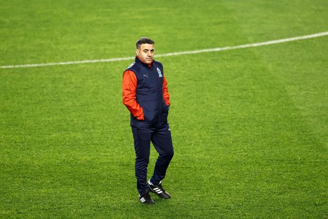 Azerbaijan's head coach Aykhan Abbasov looks on during a training session at the Tofiq Bahramov Republican Stadium, in Baku on November 15, 2025, on the eve of the FIFA World Cup 2026 Group D European qualification football match against France. (Photo by FRANCK FIFE / AFP)