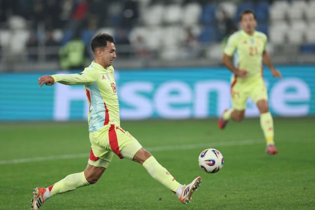 Spain's midfielder #18 Martin Zubimendi scores the team's second goal during the FIFA World Cup 2026 European qualification football match between Georgia and Spain at the Boris Paichadze National Stadium in Tbilisi on November 15, 2025. (Photo by Giorgi ARJEVANIDZE / AFP)