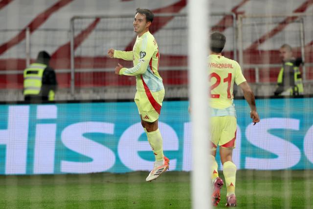 Spain's midfielder #18 Martin Zubimendi celebrates after scoring the team's second goal during the FIFA World Cup 2026 European qualification football match between Georgia and Spain at the Boris Paichadze National Stadium in Tbilisi on November 15, 2025. (Photo by Giorgi ARJEVANIDZE / AFP)