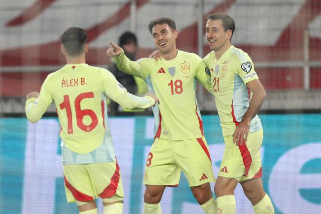 Spain's midfielder #18 Martin Zubimendi celebrates after scoring the team's second goal during the FIFA World Cup 2026 European qualification football match between Georgia and Spain at the Boris Paichadze National Stadium in Tbilisi on November 15, 2025. (Photo by Giorgi ARJEVANIDZE / AFP)