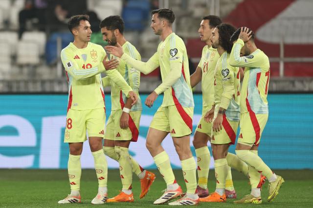 Spain's midfielder #18 Martin Zubimendi celebrates after scoring the team's second goal during the FIFA World Cup 2026 European qualification football match between Georgia and Spain at the Boris Paichadze National Stadium in Tbilisi on November 15, 2025. (Photo by Giorgi ARJEVANIDZE / AFP)