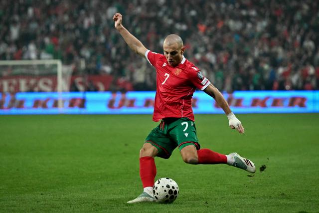 Bulgaria's forward #07 Georgi Rusev kicks the ball  during the FIFA World Cup 2026 European qualification football match between Turkey and Bulgaria at the Timsah Arena stadium, in Bursa, on November 15, 2025. (Photo by OZAN KOSE / AFP)