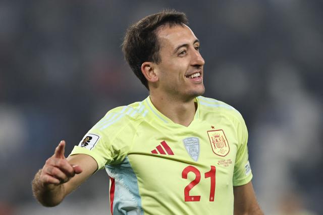 Spain's forward #21 Mikel Oiarzabal celebrates after scoring the team's fourth goal during the FIFA World Cup 2026 European qualification football match between Georgia and Spain at the Boris Paichadze National Stadium in Tbilisi on November 15, 2025. (Photo by Giorgi ARJEVANIDZE / AFP)