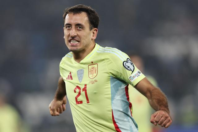 Spain's forward #21 Mikel Oiarzabal celebrates after scoring the team's fourth goal during the FIFA World Cup 2026 European qualification football match between Georgia and Spain at the Boris Paichadze National Stadium in Tbilisi on November 15, 2025. (Photo by Giorgi ARJEVANIDZE / AFP)