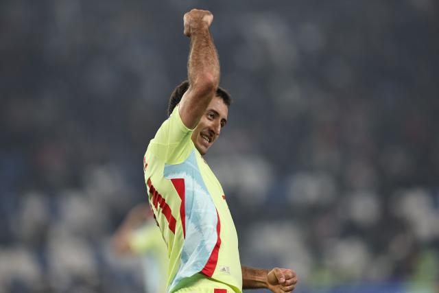 Spain's forward #21 Mikel Oiarzabal celebrates after scoring the team's fourth goal during the FIFA World Cup 2026 European qualification football match between Georgia and Spain at the Boris Paichadze National Stadium in Tbilisi on November 15, 2025. (Photo by Giorgi ARJEVANIDZE / AFP)