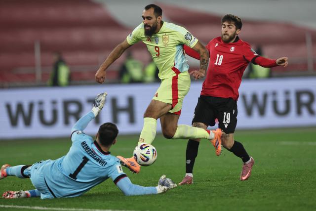 Spain's forward #09 Borja Iglesias attempts a shot on goal during the FIFA World Cup 2026 European qualification football match between Georgia and Spain at the Boris Paichadze National Stadium in Tbilisi on November 15, 2025. (Photo by Giorgi ARJEVANIDZE / AFP)