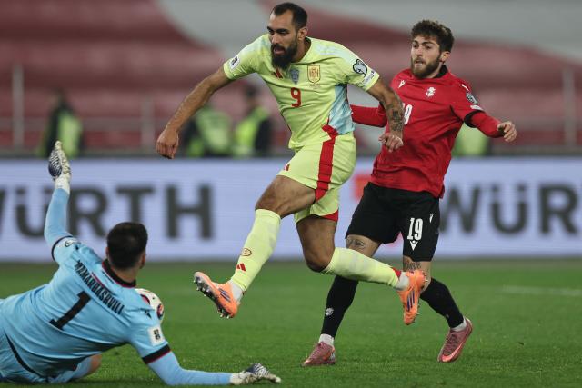 Spain's forward #09 Borja Iglesias attempts a shot on goal during the FIFA World Cup 2026 European qualification football match between Georgia and Spain at the Boris Paichadze National Stadium in Tbilisi on November 15, 2025. (Photo by Giorgi ARJEVANIDZE / AFP)