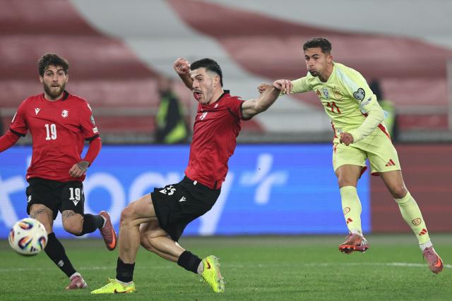 Spain's forward #07 Yeremi Pino attempts a shot during the FIFA World Cup 2026 European qualification football match between Georgia and Spain at the Boris Paichadze National Stadium in Tbilisi on November 15, 2025. (Photo by Giorgi ARJEVANIDZE / AFP)