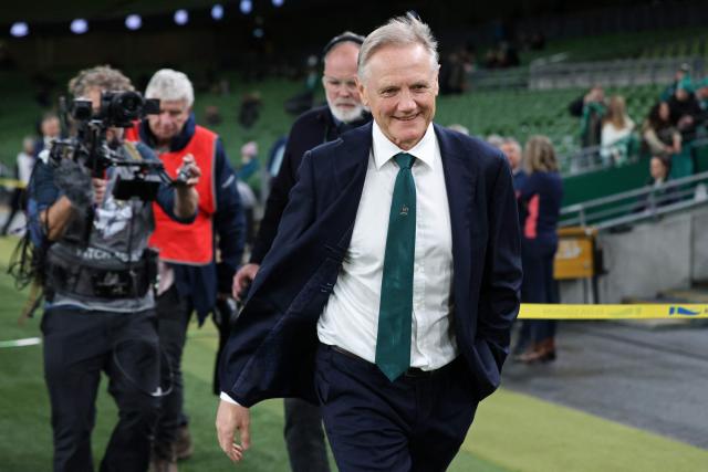 Australia's New Zealand head coach Joe Schmidt checks out the conditions ahead of the Autumn Nations Series international rugby union match between Ireland and Australia at the Aviva Stadium in Dublin, on November 15, 2025. (Photo by Paul Faith / AFP)