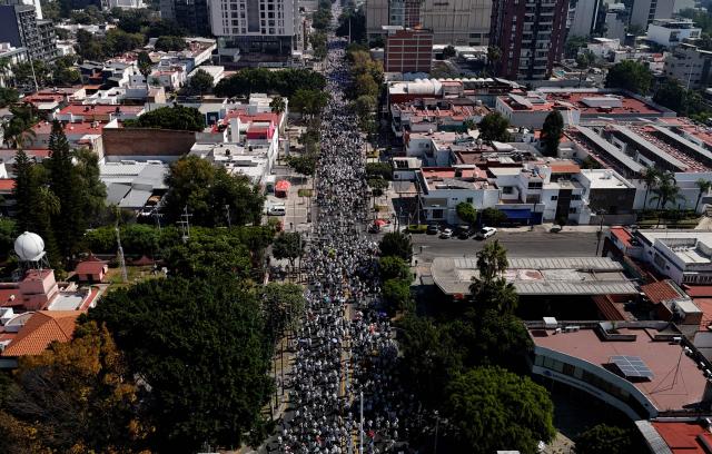 This aerial view shows the “For Peace” protest organized by Generation Z against the government of Mexican President Claudia Sheinbaum in Guadalajara, Jalisco, Mexico on November 4, 2025. (Photo by ULISES RUIZ / AFP)